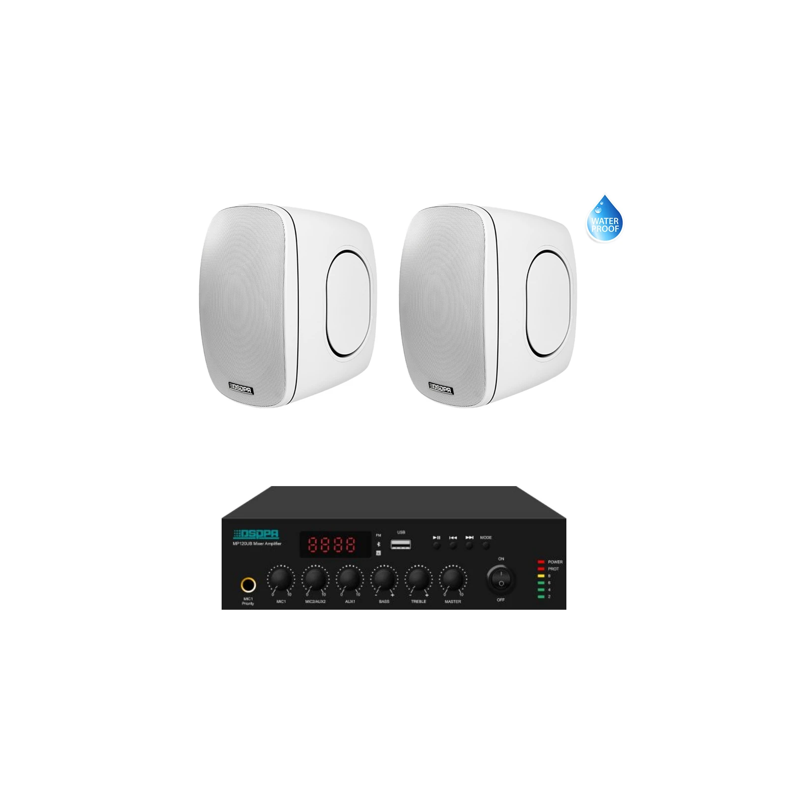 Pachet Sonorizare Terasa 100W pe 100V cu amplif. DSPPA MP120UB si 2x boxe DSP6050 Alb - TG26