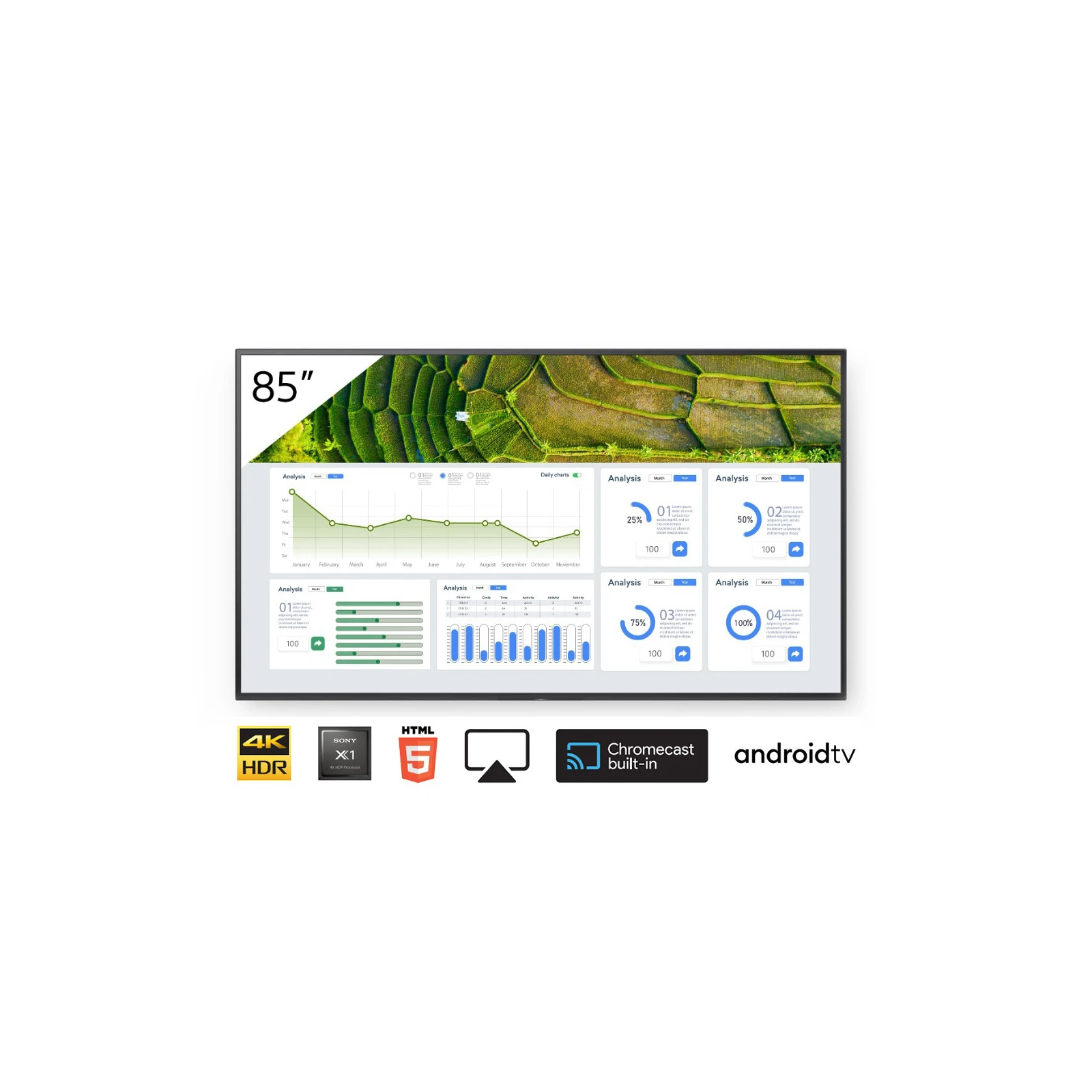 Display profesional 85" Sony Bravia, FW-85BZ30L, 440cd, 24/7, Landscape/Portrait, Apple AirPlay/Chromecast încorporat