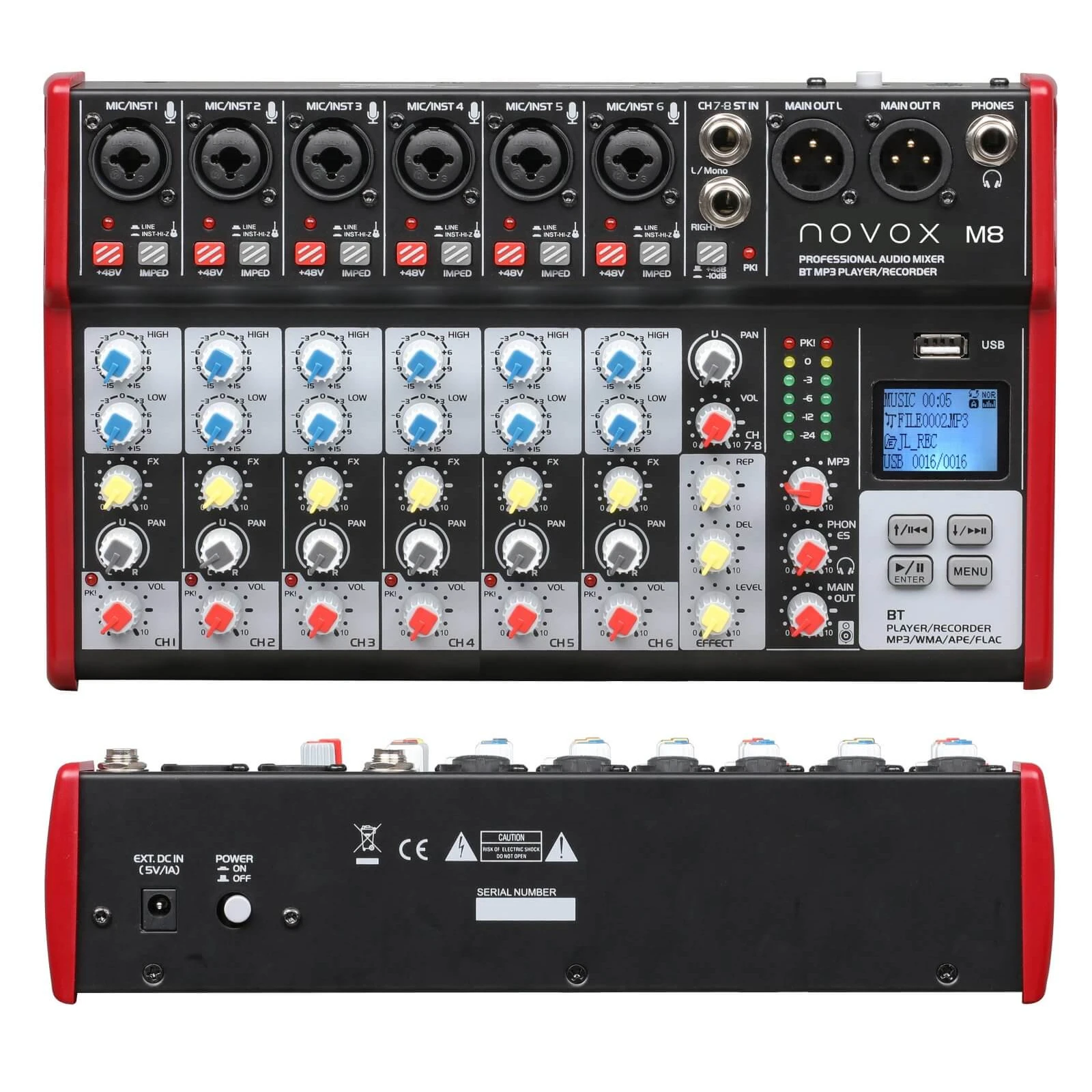 Mixer analogic 8 canale Novox M8 Mk2 BT, Player MP3 /USB /Bluetooth, (6 mono mic / line + 1 stereo)