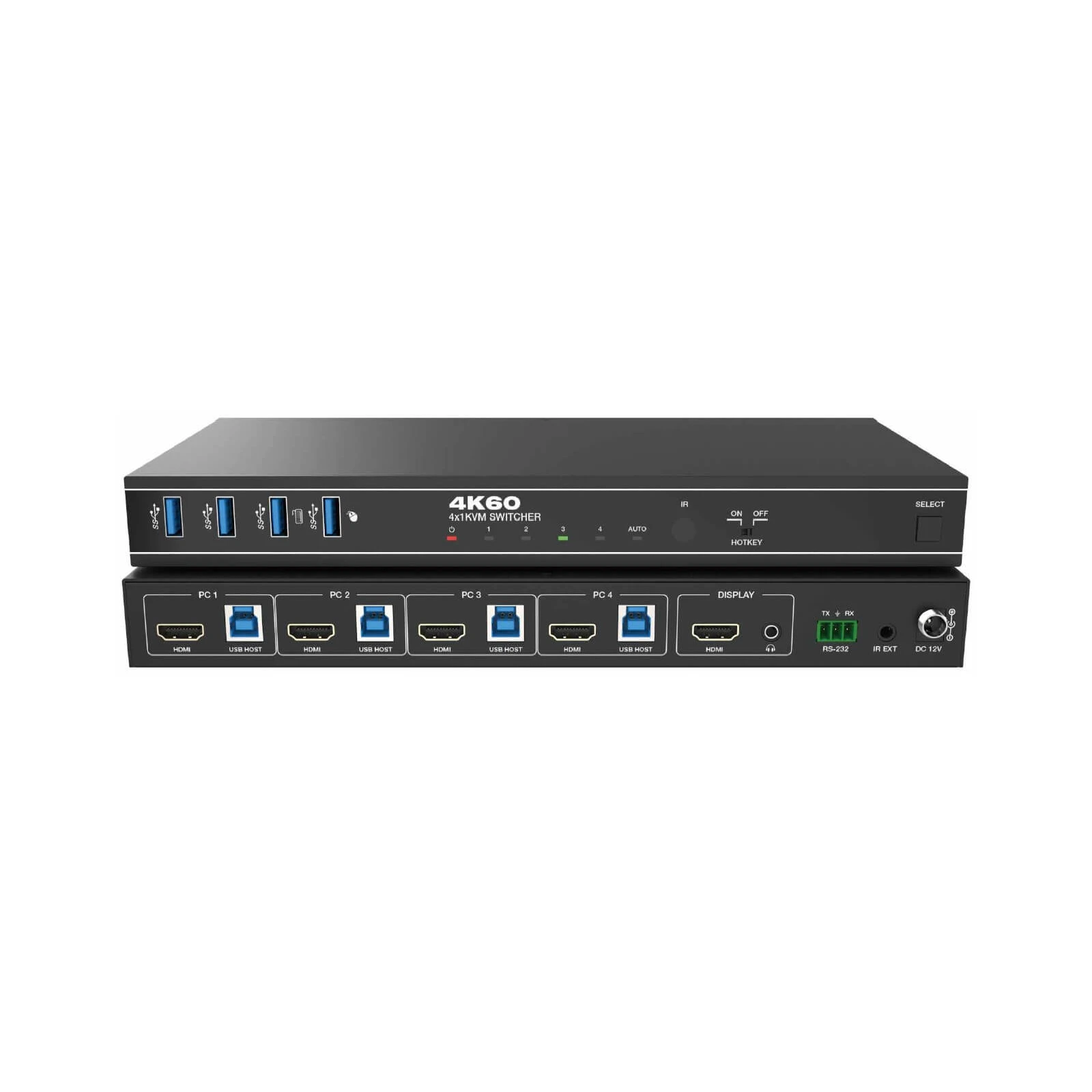 Switcher KVM 4x1, HDMI 4K@60, 18Gbps, HDCP2.3, HDR/HDR10/HDR10+/Dolby Vision, cu RS232 si telecomanda