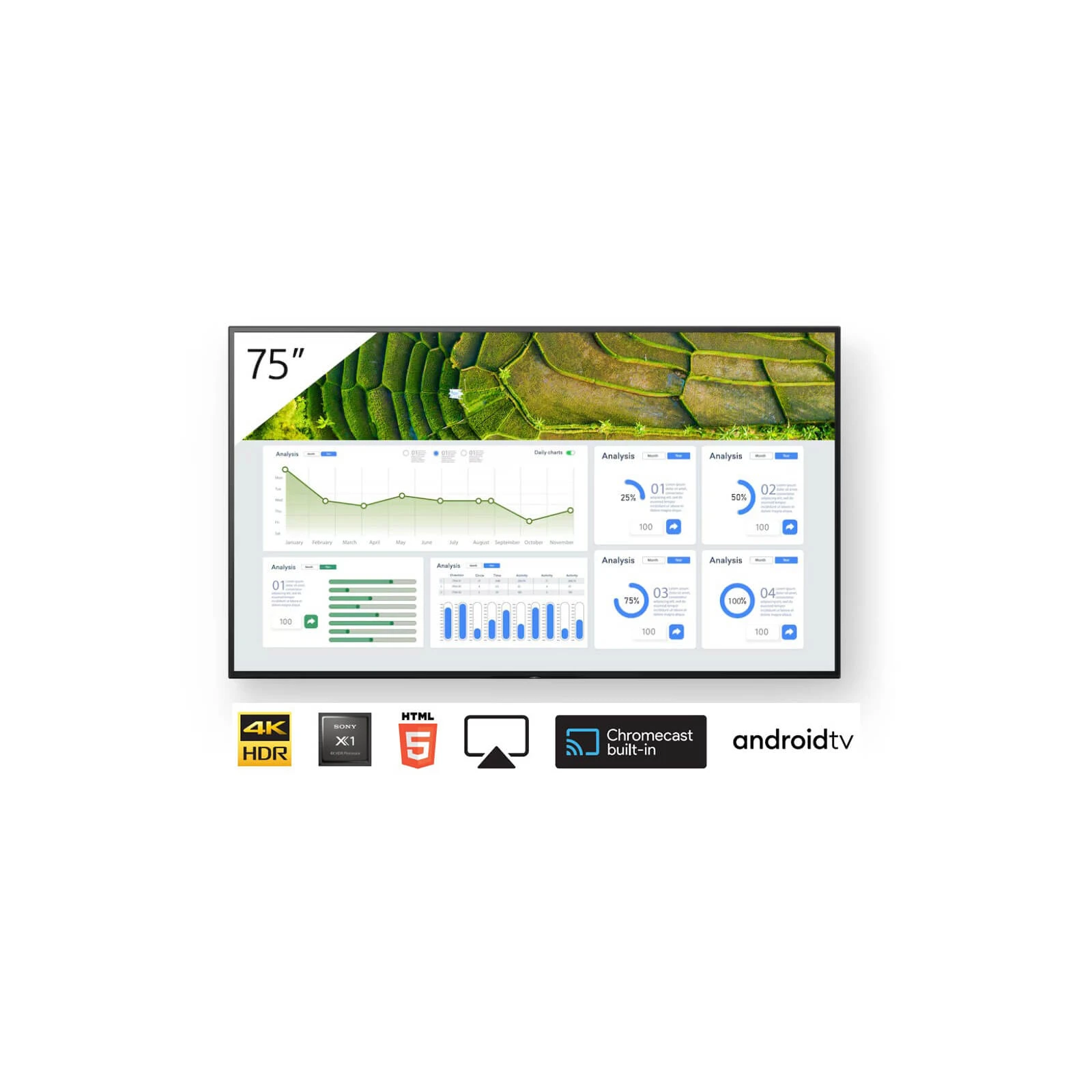 Display profesional 75" Sony Bravia, FW-75BZ30L, 440cd, 24/7, Landscape/Portrait, Apple AirPlay/Chromecast încorporat