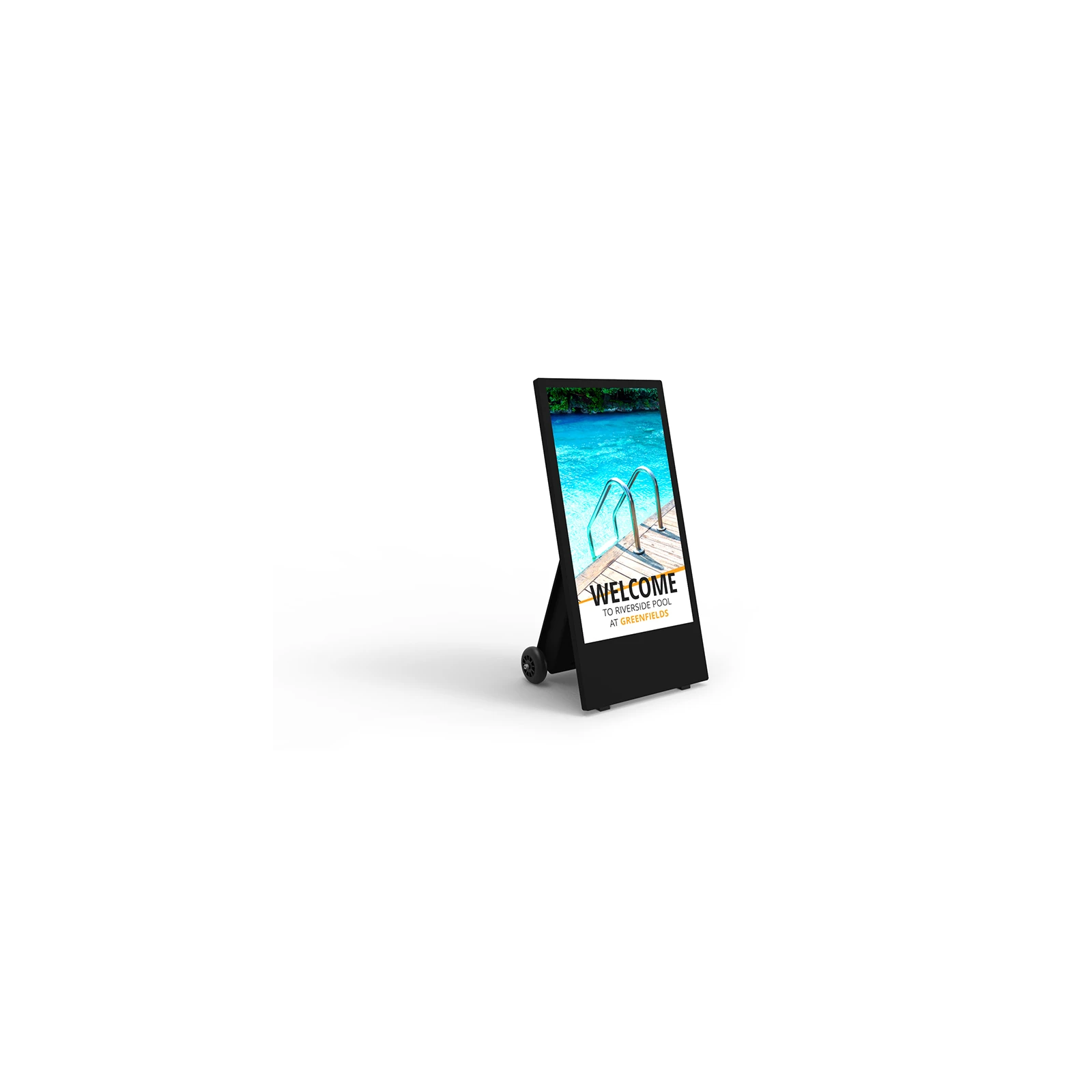 Stand publicitar A-Board Digital Outdoor 43” ALSEE cu baterie, 700 cd/m², Android 14, IP65, rezistent la temperaturi rid