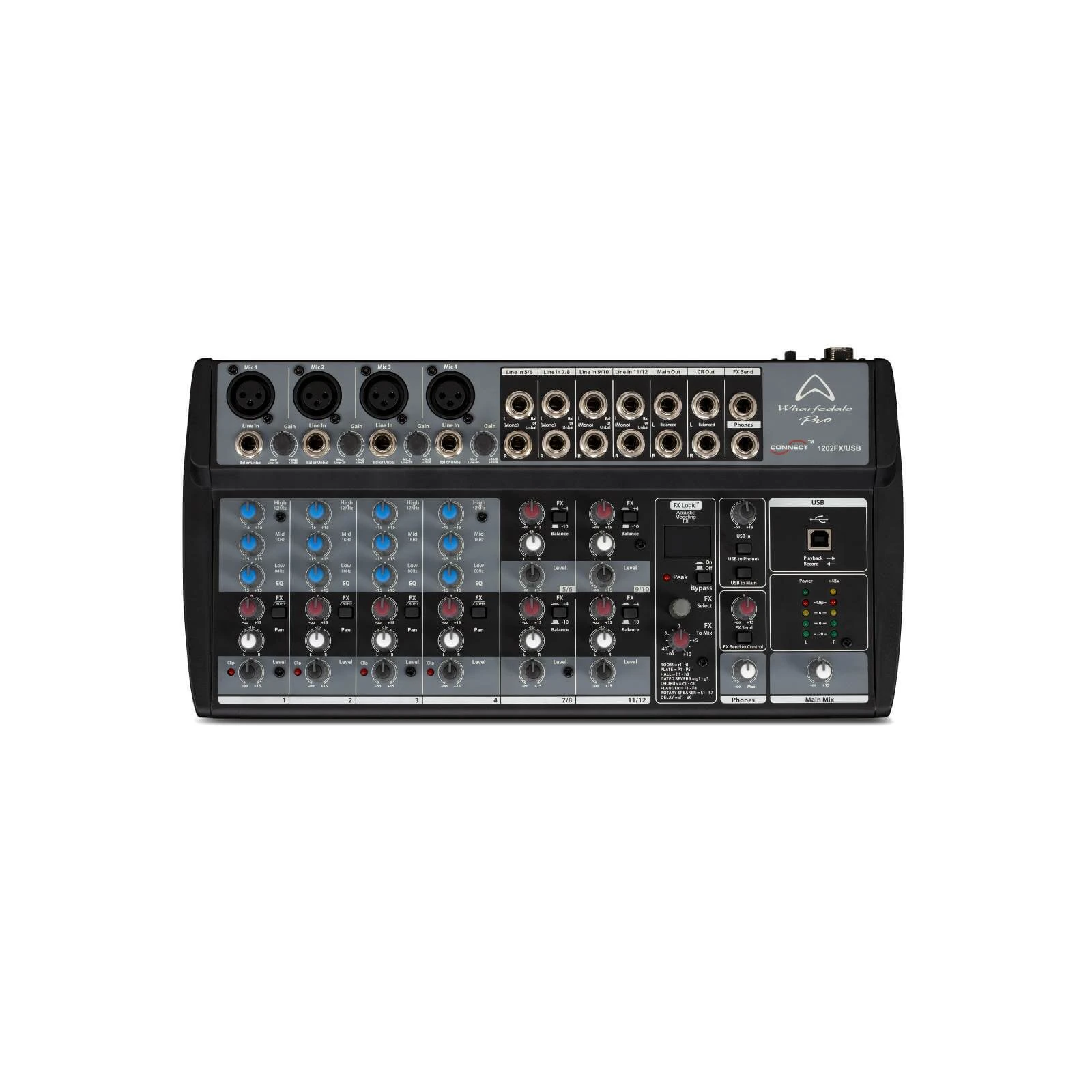 Mixer audio cu 12 canale Wharfedale Pro Connect 1202FX USB, interfața USB 16 biți / 48kHz
