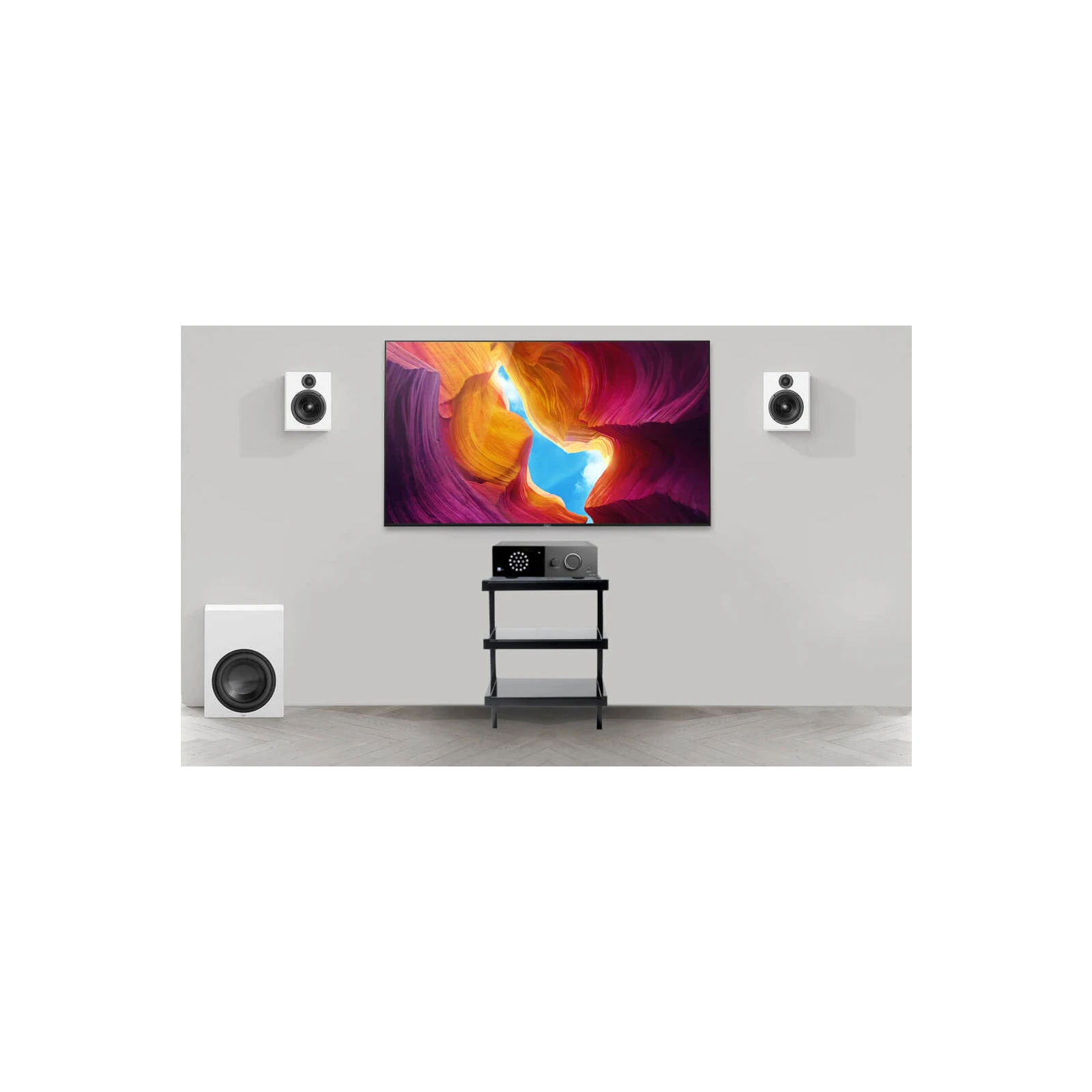 Sistem Stereo Lyngdorf cu amplif. TDAI-1120 + boxe de perete MH-2 + subwoofer BW-2