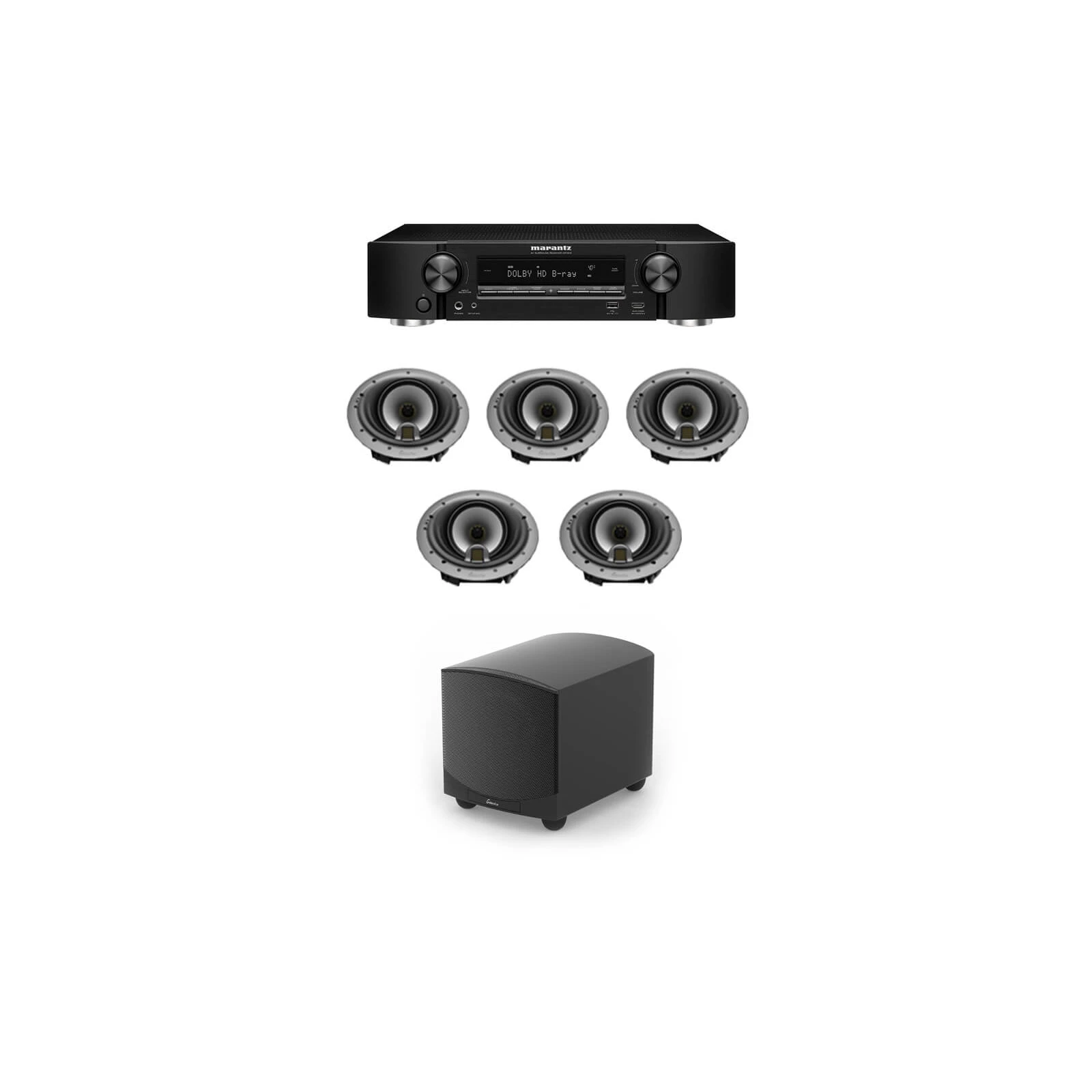 Sistem complet 5.1 de tavan cu GOLDENEAR HTR7000, subwoofer ForceField 30 si Receiver Marantz NR1510
