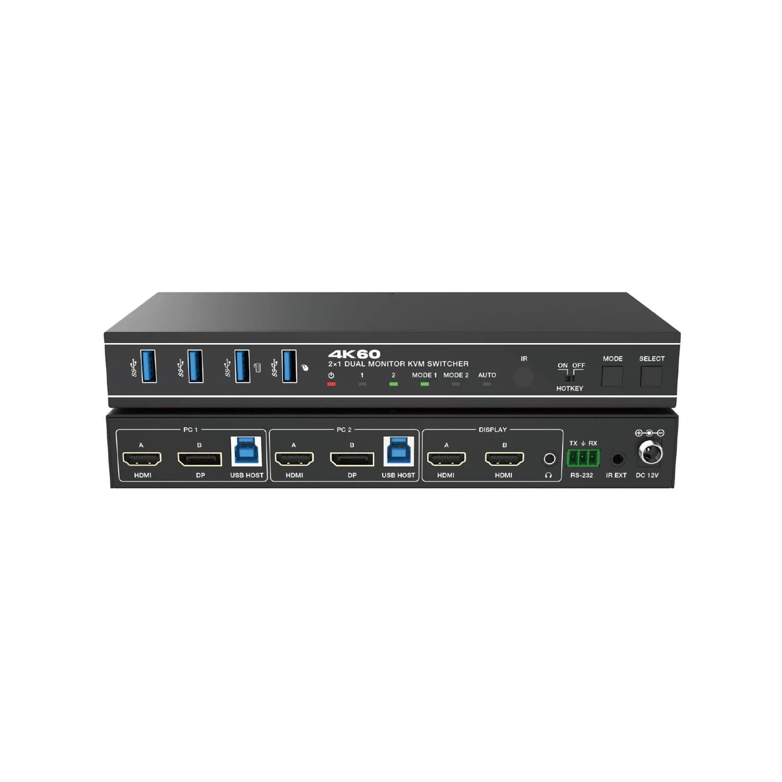 Switcher KVM 2x1,Dual=HDMI+DisplayPort=4K@60 Monitor,18Gbps,HDCP2.3,HDR/HDR10/HDR10+/Dolby Vision,RS232 si telecomanda