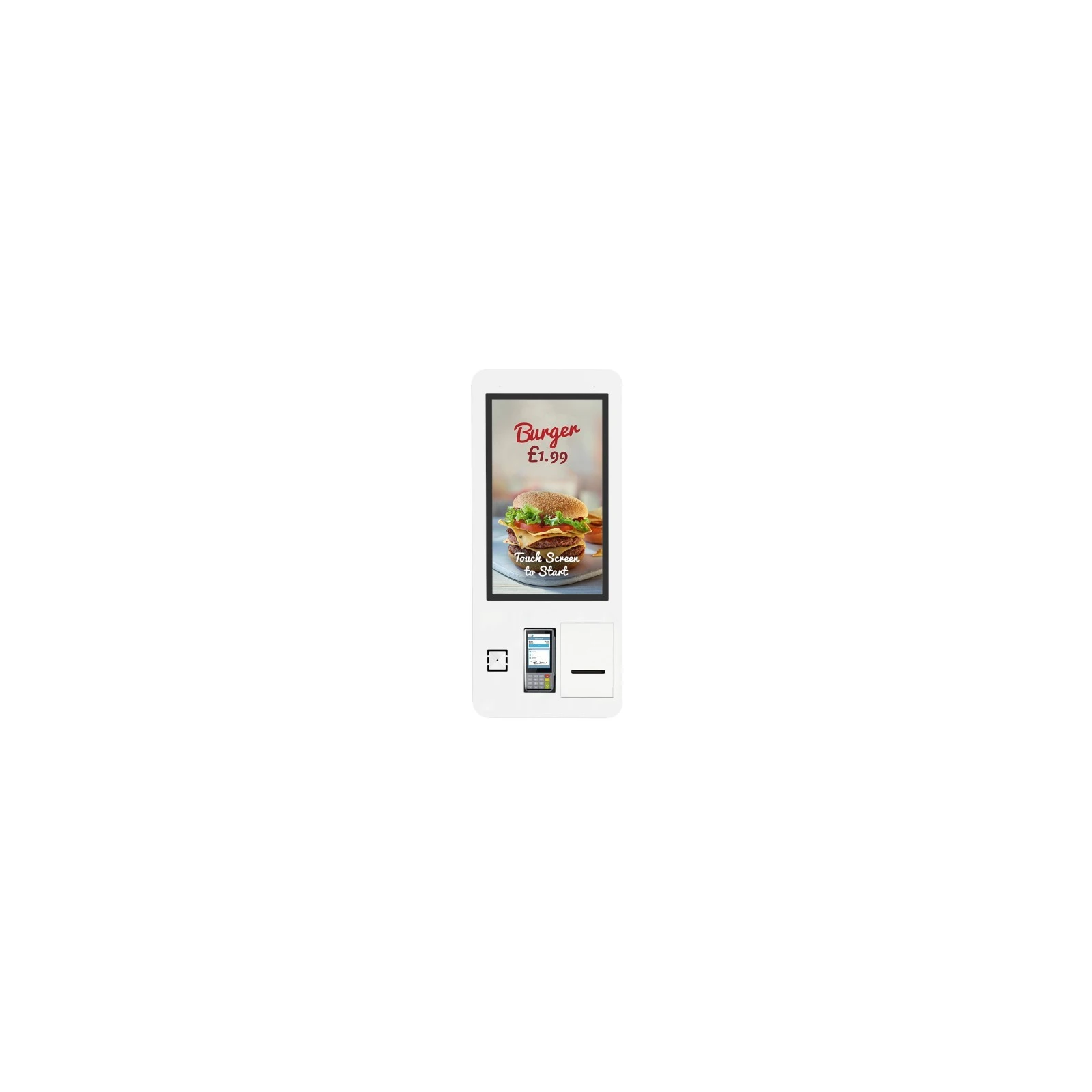 Kiosk Profesional Self-Service 27" Alsee, alb, cu montare pe perete, PC integrat, imprimanta EPSON TM-T20III integrata,