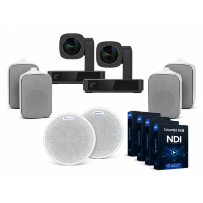 Pachet videoconferință 4K PTZ + 2x microfon tavan + 4x boxe DSP5020 + 4x licență NDI – Large Room